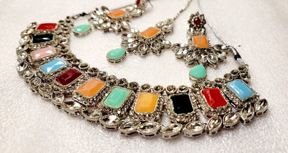 Stylish Real Polki & AD Stoned Choket Set (Silver Tone)