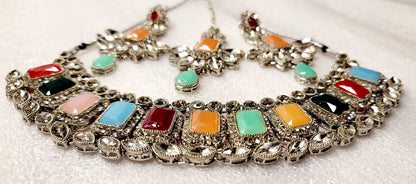 Stylish Real Polki & AD Stoned Choket Set (Silver Tone)