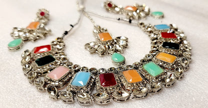 Stylish Real Polki & AD Stoned Choket Set (Silver Tone)