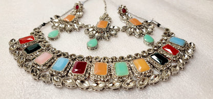 Stylish Real Polki & AD Stoned Choket Set (Silver Tone)
