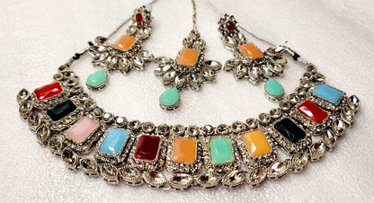 Stylish Real Polki & AD Stoned Choket Set (Silver Tone)
