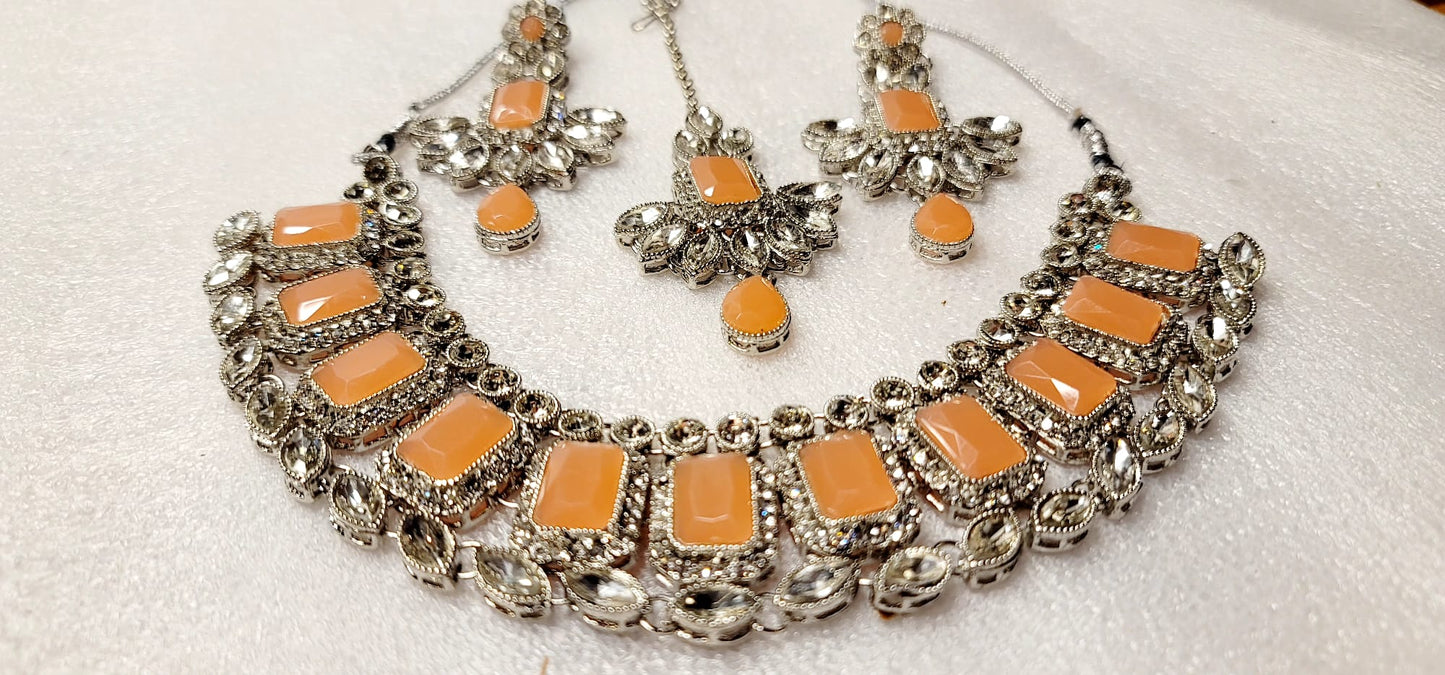 Stylish Real Polki & AD Stoned Choket Set (Silver Tone)