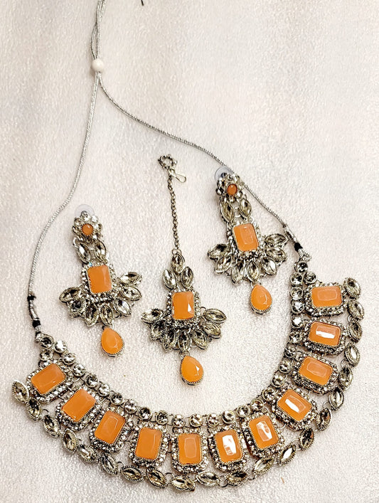 Stylish Real Polki & AD Stoned Choket Set (Silver Tone)