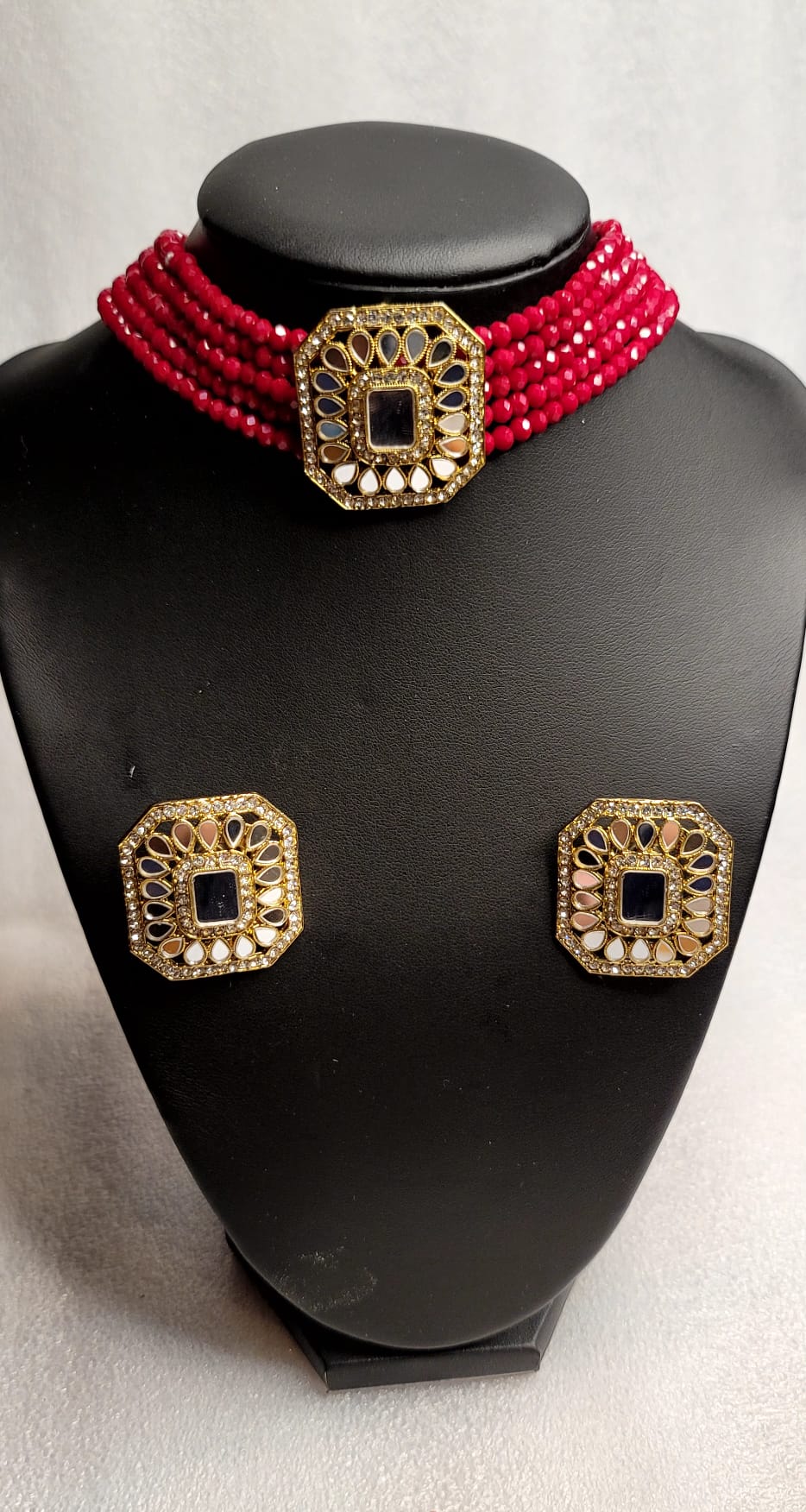 Latest AD Stones & Mirror Choker Set With Big Size Studs