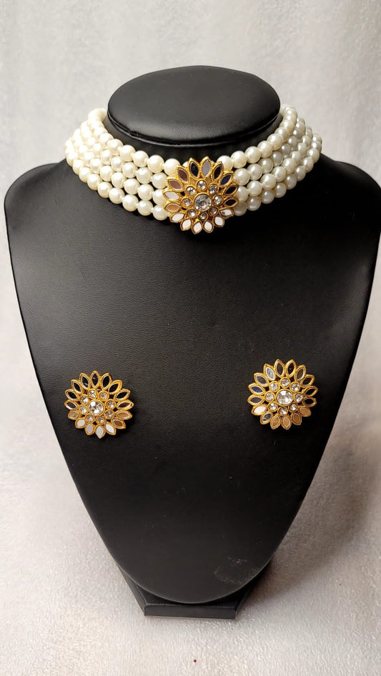 Designer Choker Set With Pearls & Mirror