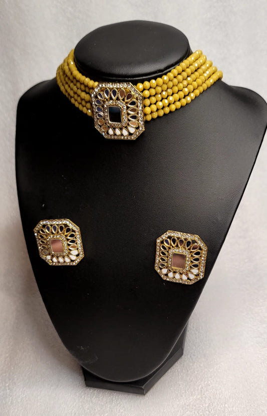 Latest AD Stones & Mirror Choker Set With Big Size Studs image 3