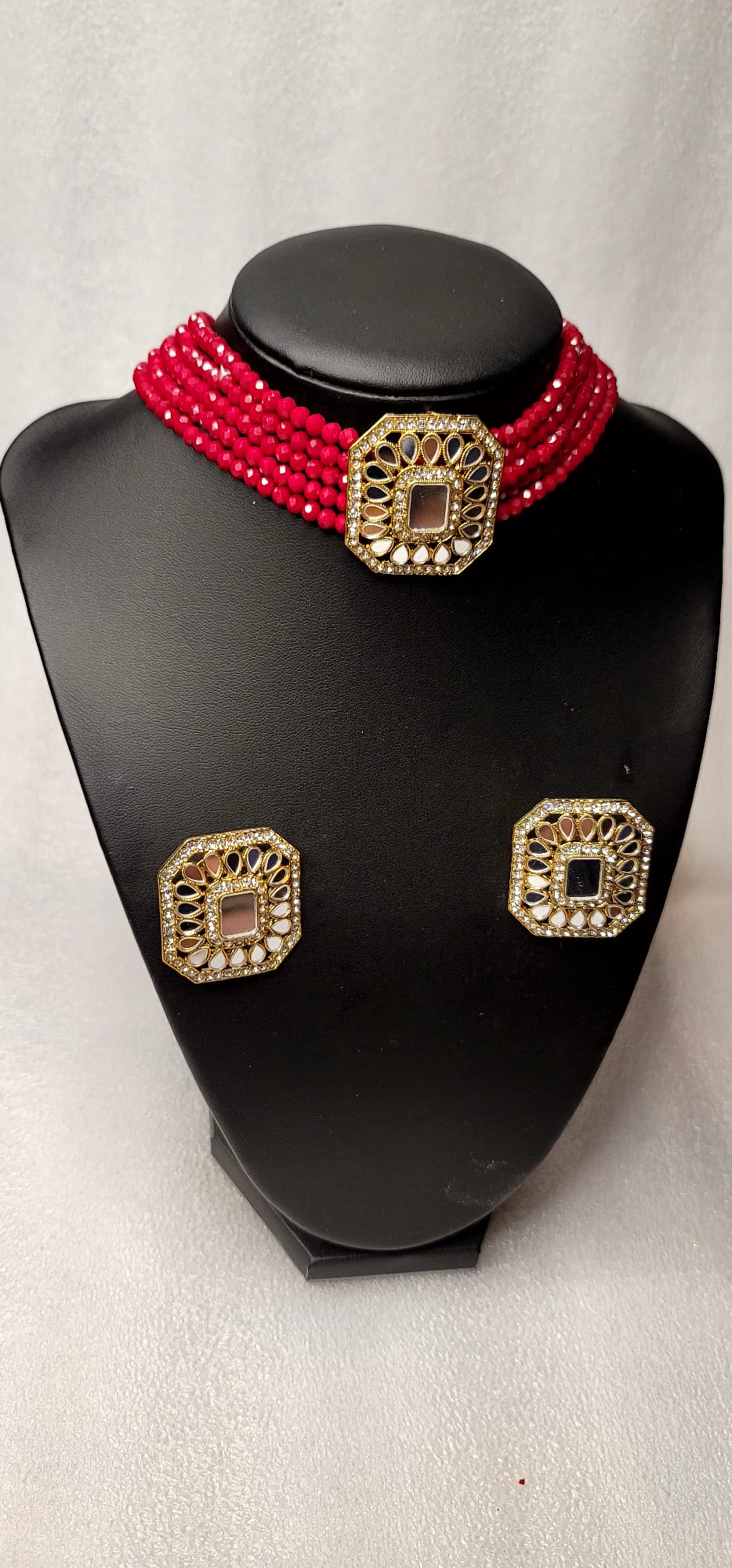 Latest AD Stones & Mirror Choker Set With Big Size Studs