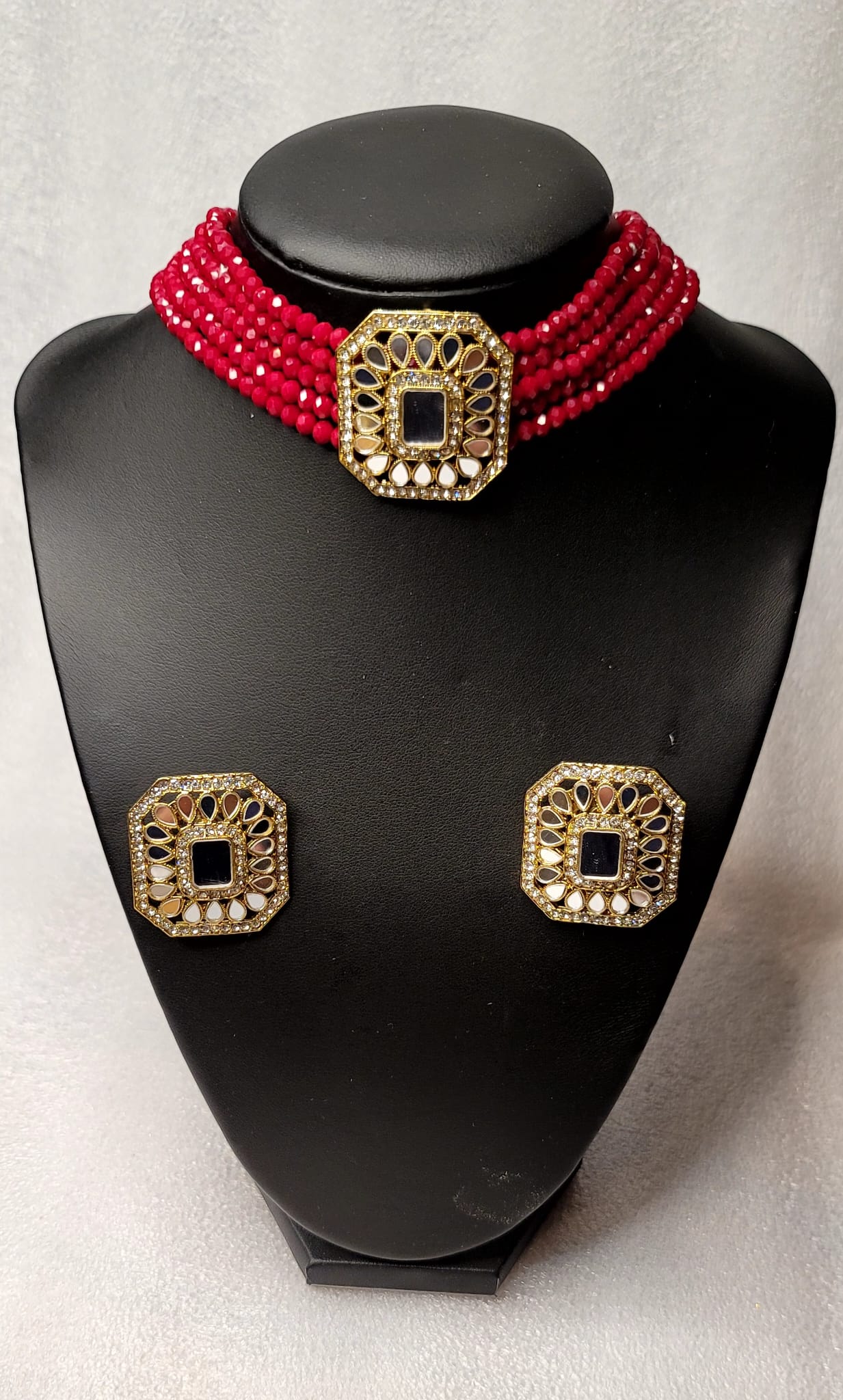 Latest AD Stones & Mirror Choker Set With Big Size Studs