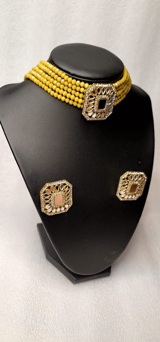 Latest AD Stones & Mirror Choker Set With Big Size Studs