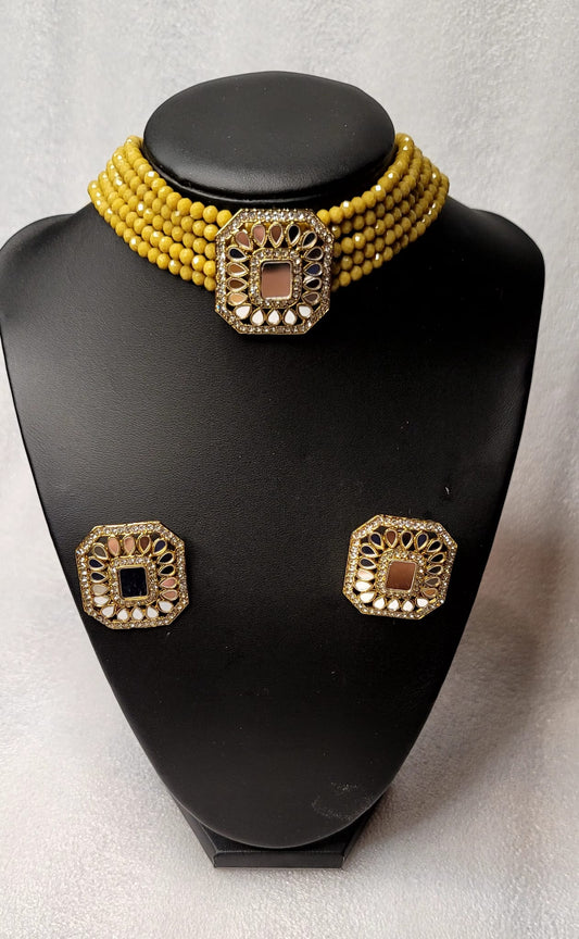 Latest AD Stones & Mirror Choker Set With Big Size Studs