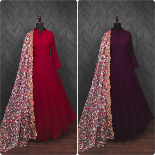 Designer Long Gown With Stylish Printed Dupatta