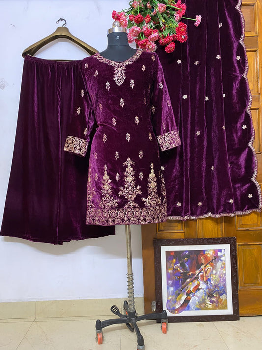 Sargun Mehta Inspired Velvet Palazzo Suit With Velvet Cutwork Dupatta