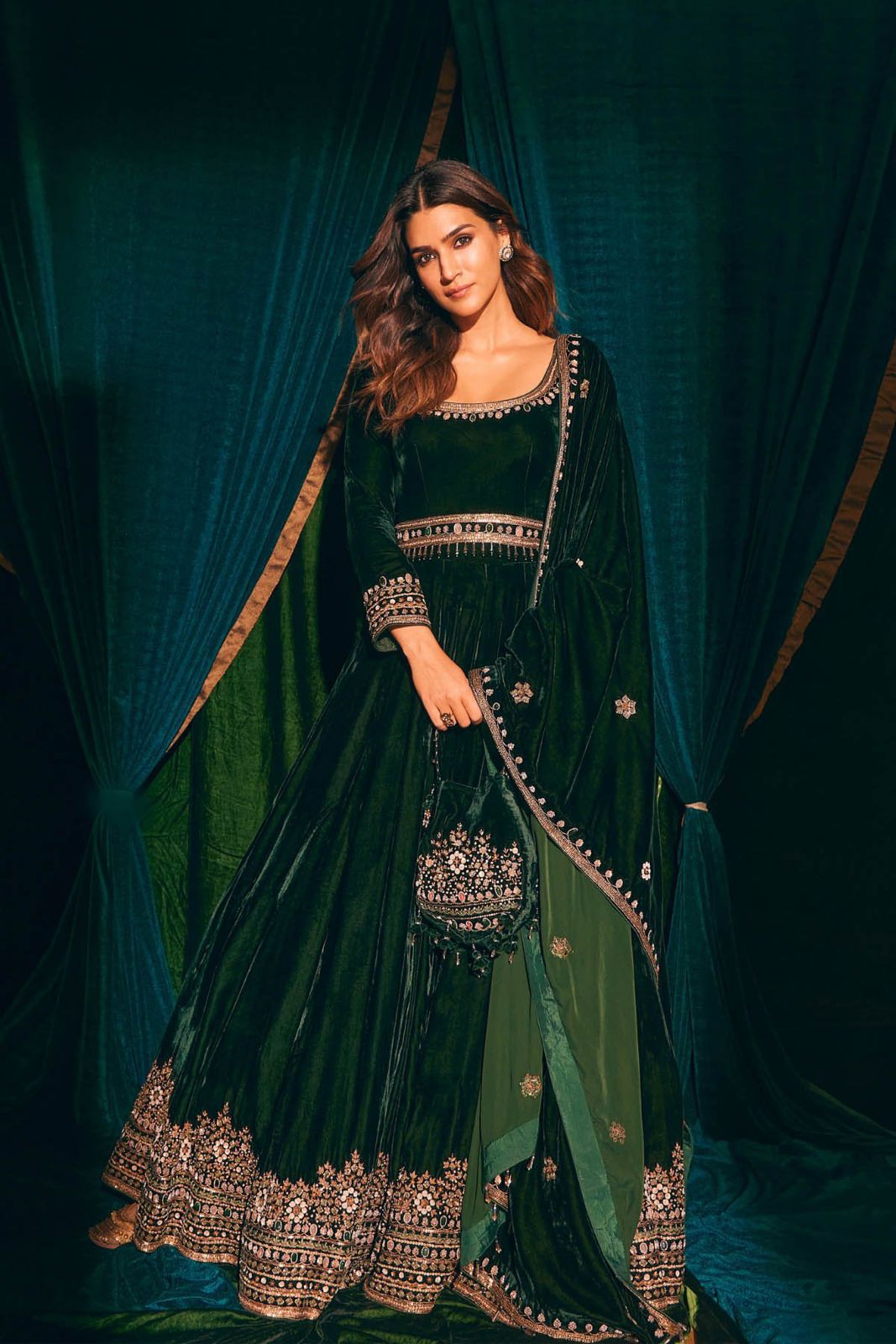 Bollywood designer Long velvet  gown With Velvet Stall