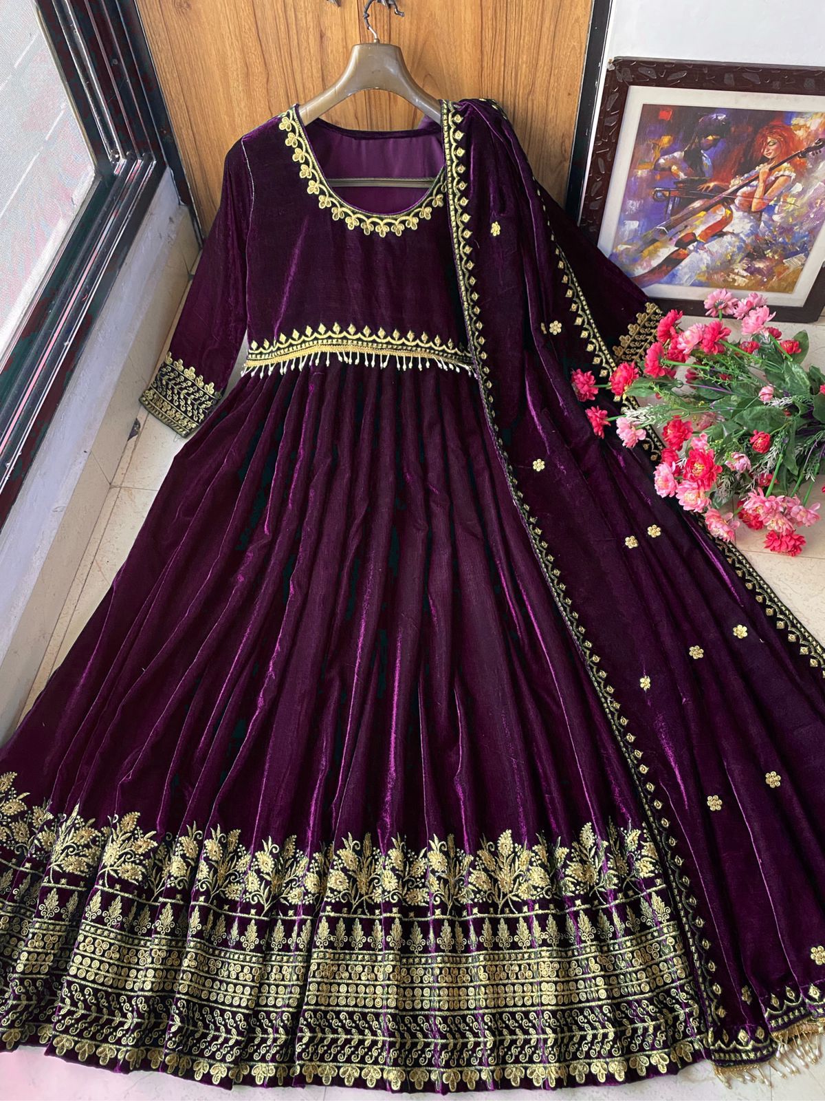 Bollywood designer Long velvet  gown With Velvet Stall