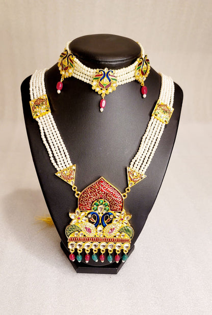Traditional Ethnic Style Meenakari Peacock Design Rani Haar & Choker Set Combo (6pcs)