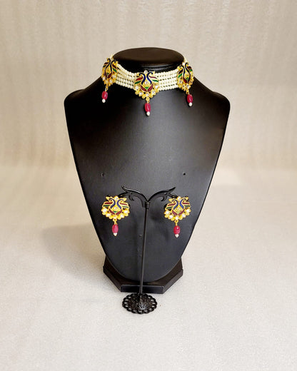 Traditional Ethnic Style Meenakari Peacock Design Rani Haar & Choker Set Combo (6pcs)