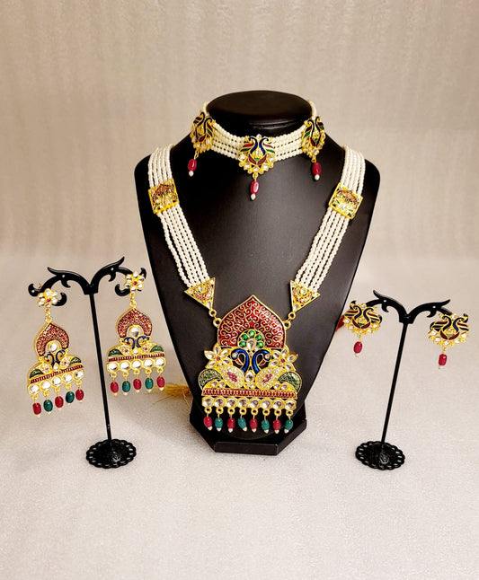 Traditional Ethnic Style Meenakari Peacock Design Rani Haar & Choker Set Combo (6pcs)