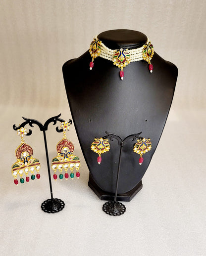 Traditional Ethnic Style Meenakari Peacock Design Rani Haar & Choker Set Combo (6pcs)