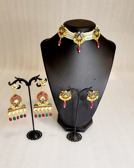 Traditional Ethnic Style Meenakari Peacock Design Rani Haar & Choker Set Combo (6pcs) image 3