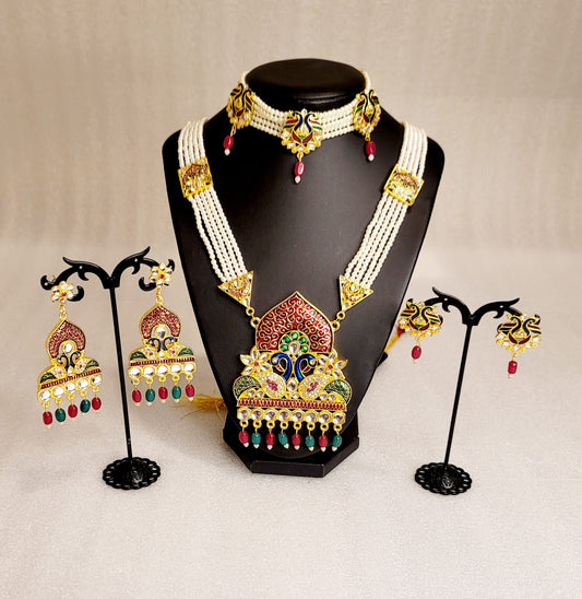 Traditional Ethnic Style Meenakari Peacock Design Rani Haar & Choker Set Combo (6pcs)