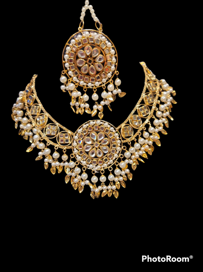 Pippal Patti & pearl Choker Set with mirror work