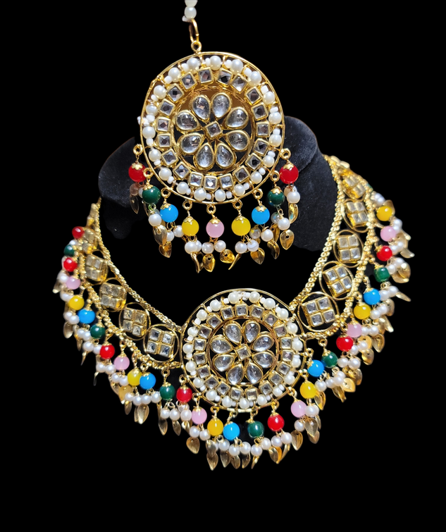 Pippal Patti & pearl Choker Set with mirror work