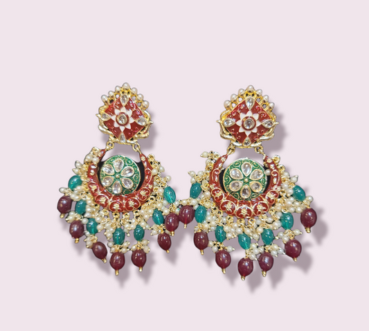 Meenakari Drop Pearls Chandbali Set