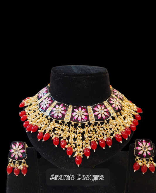 Meenakari Necklace set with Studs image 3