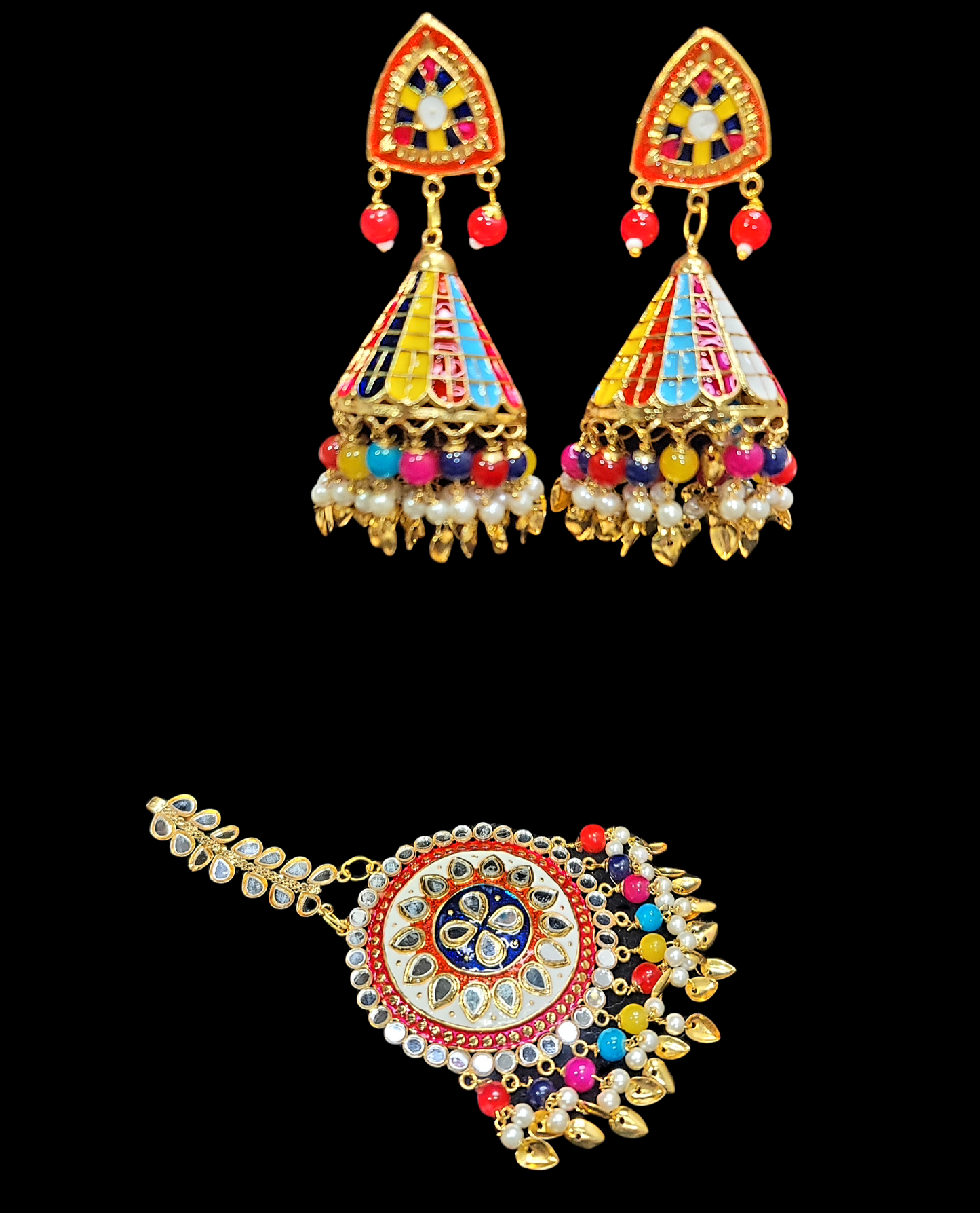 Pippal Patti & Meenakari Earrings & Tikka Set