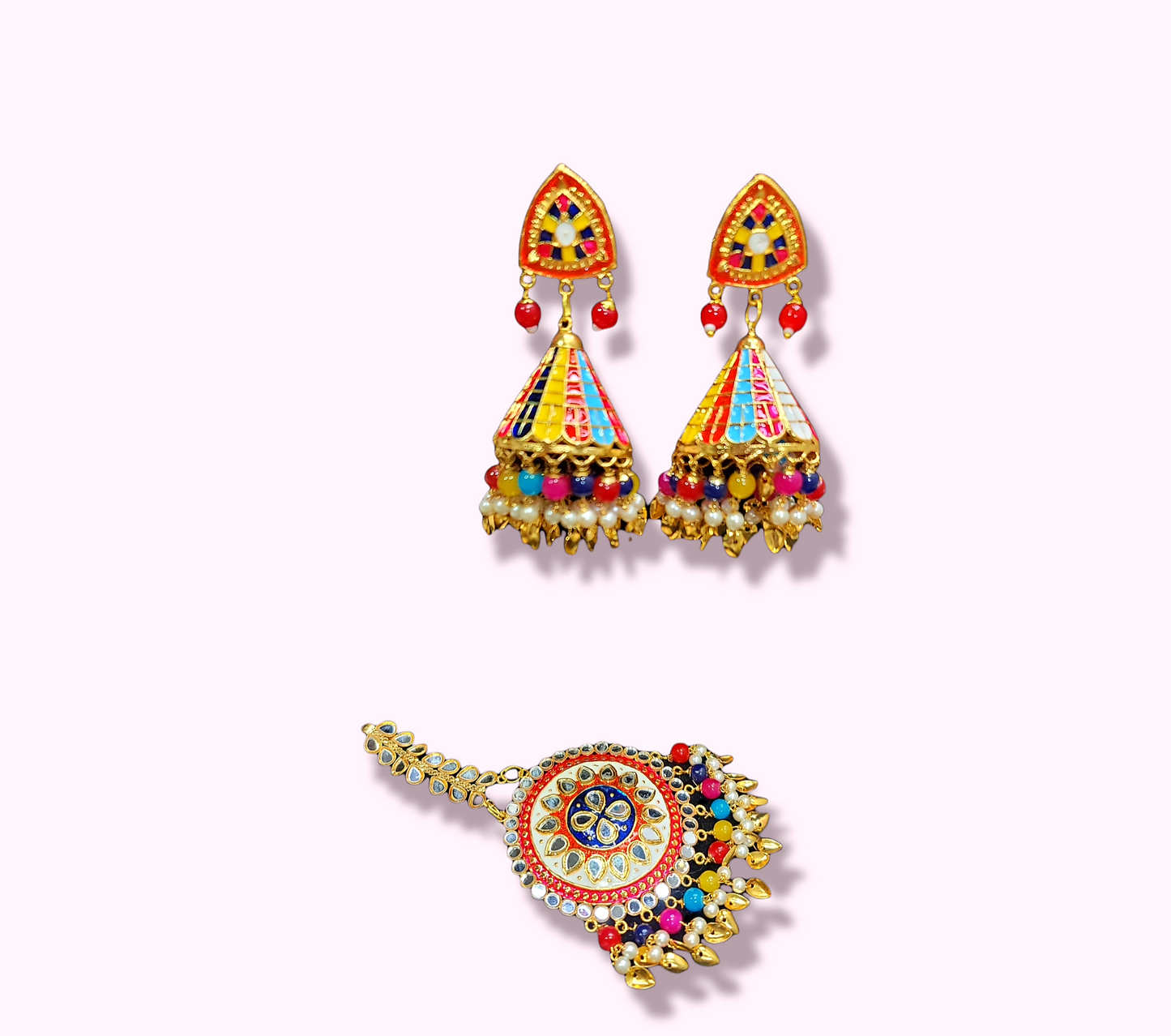 Pippal Patti & Meenakari Earrings & Tikka Set