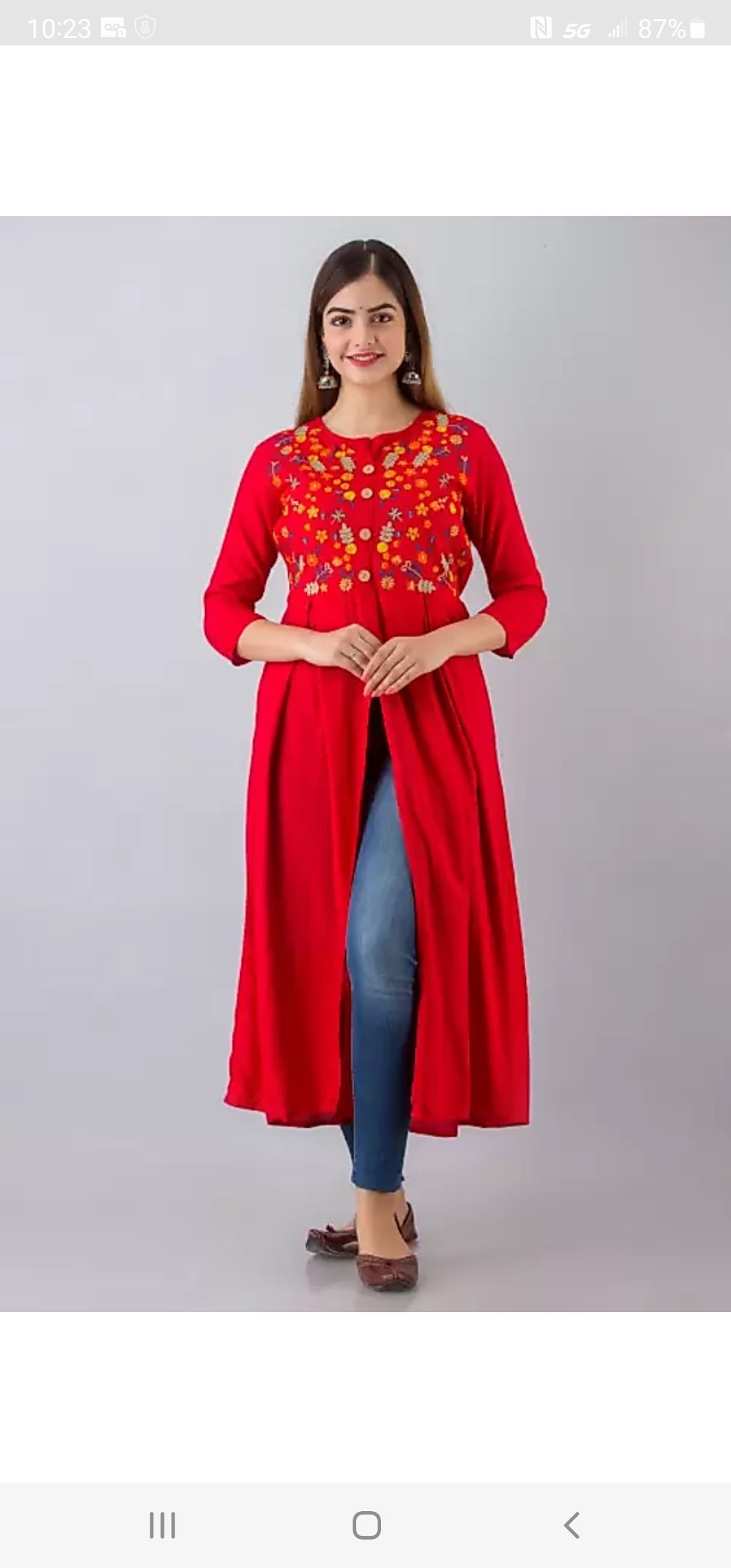 Frontslit Embroidered Kurta Red