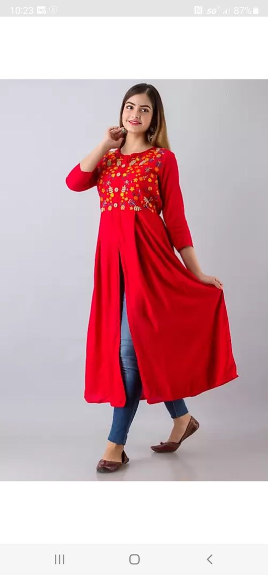 Frontslit Embroidered Kurta Red