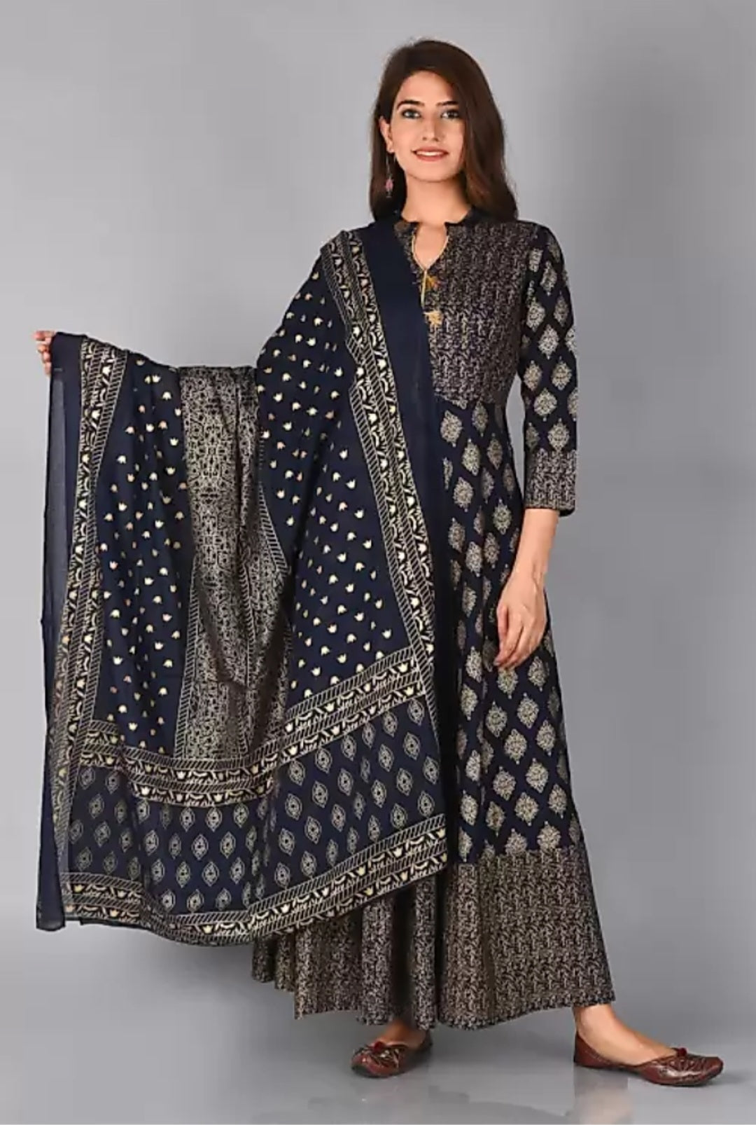 Women Gown & Dupatta Set (Navy Blue)