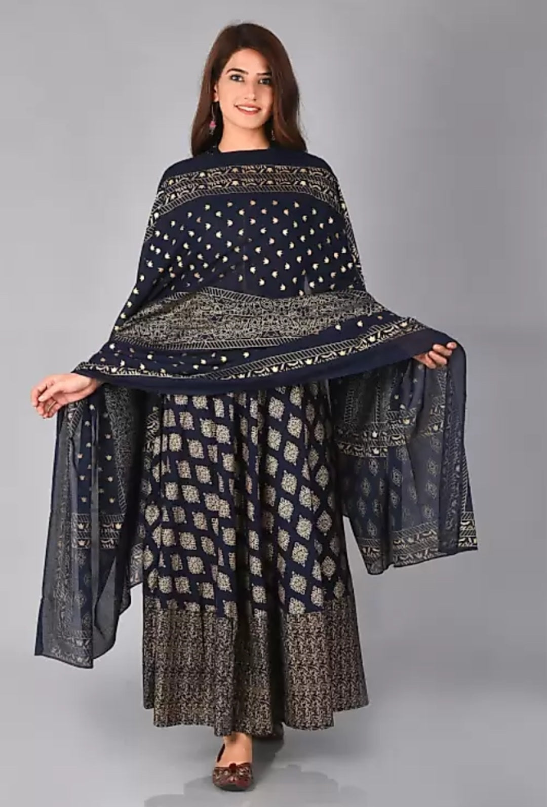 Women Gown & Dupatta Set (Navy Blue)