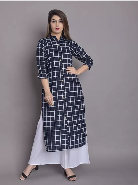 Women Checkered Straight Kurta (Dark Blue)