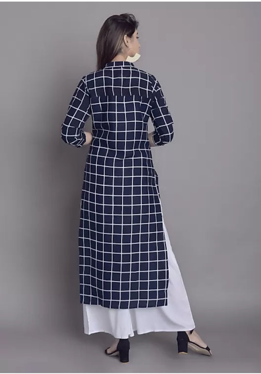 Women Checkered Straight Kurta (Dark Blue)