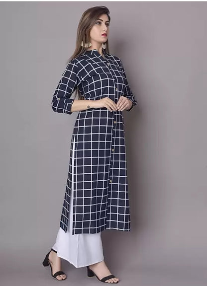 Women Checkered Straight Kurta (Dark Blue)