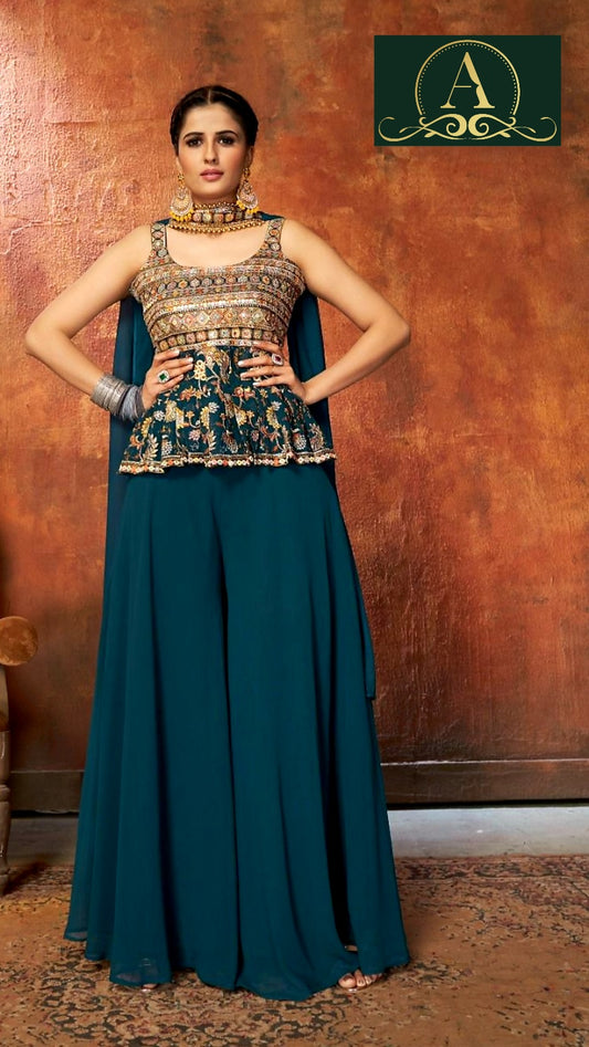 Designer Sharara Suit (Aqua Blue)