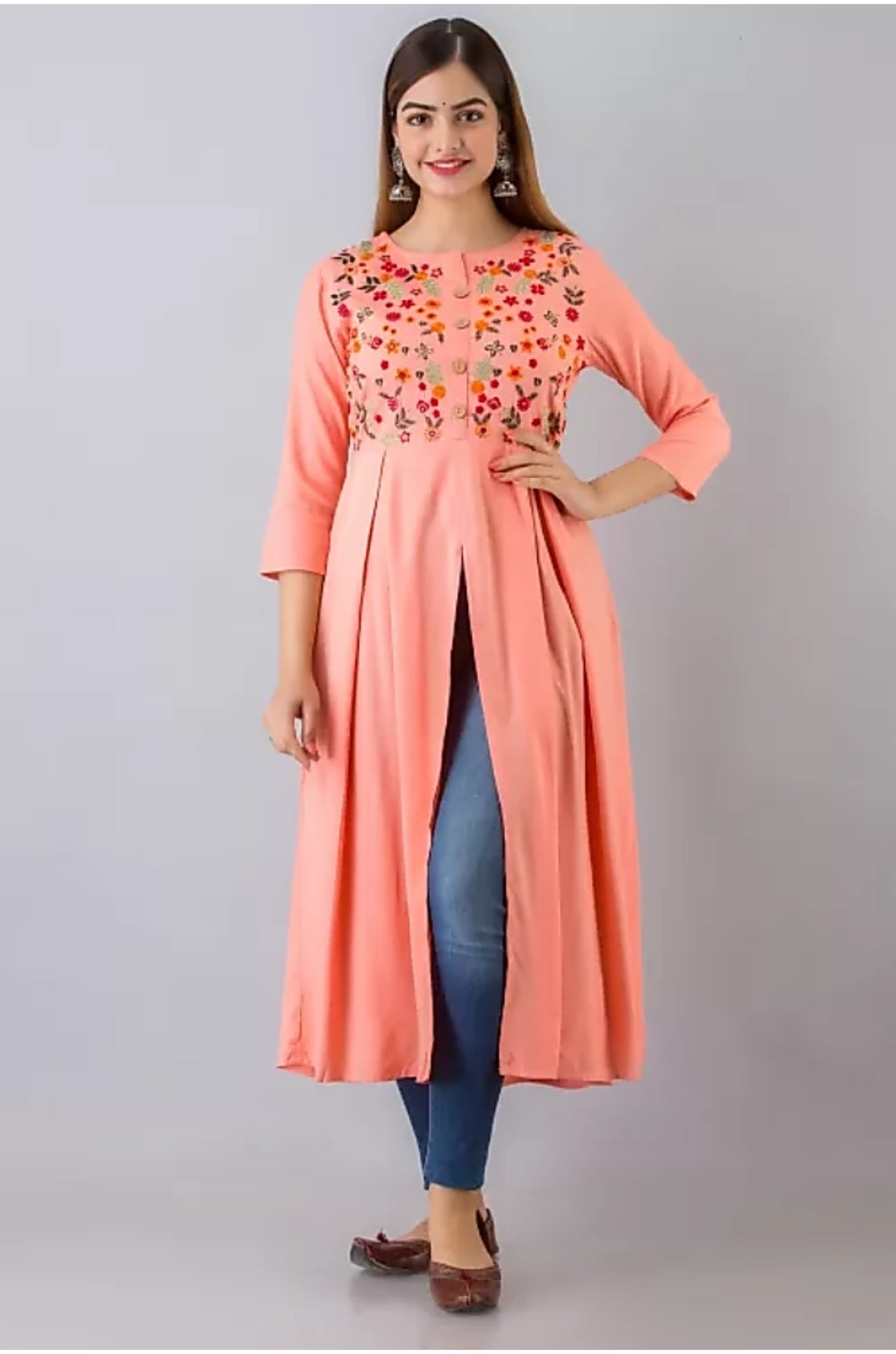 Frontslit Embroidered Kurta (Pink)