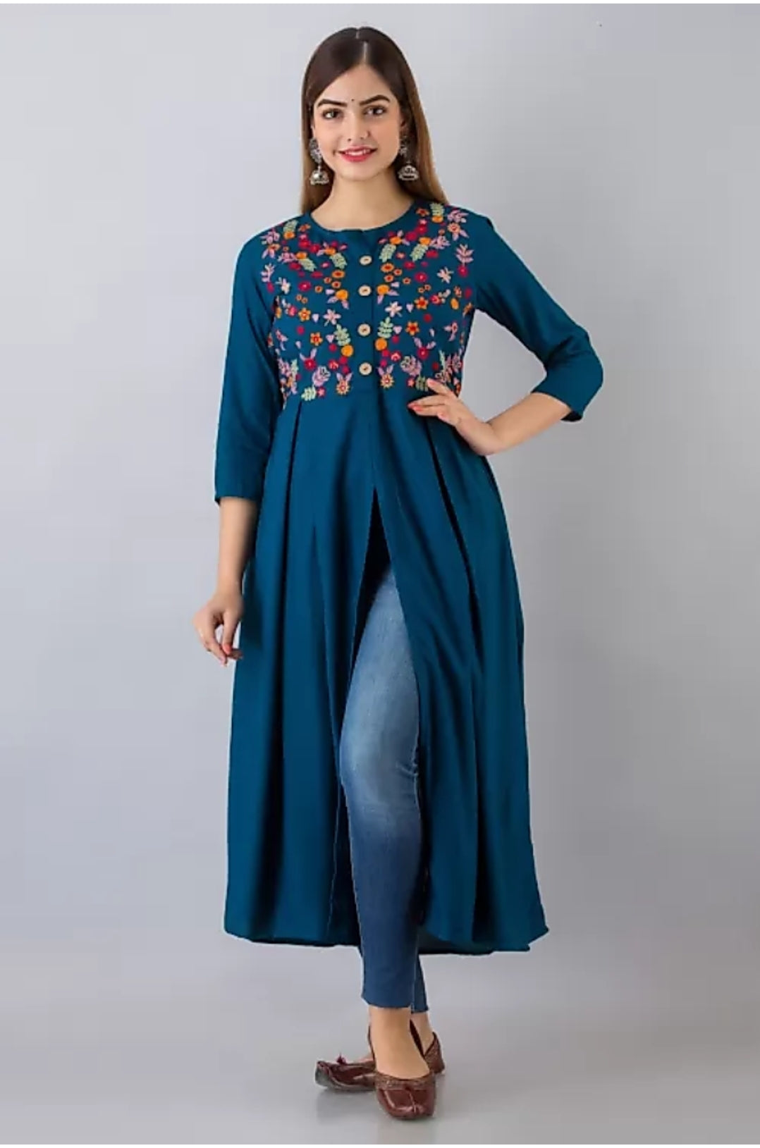 Frontslit Embroidered Kurta (Teal Blue)