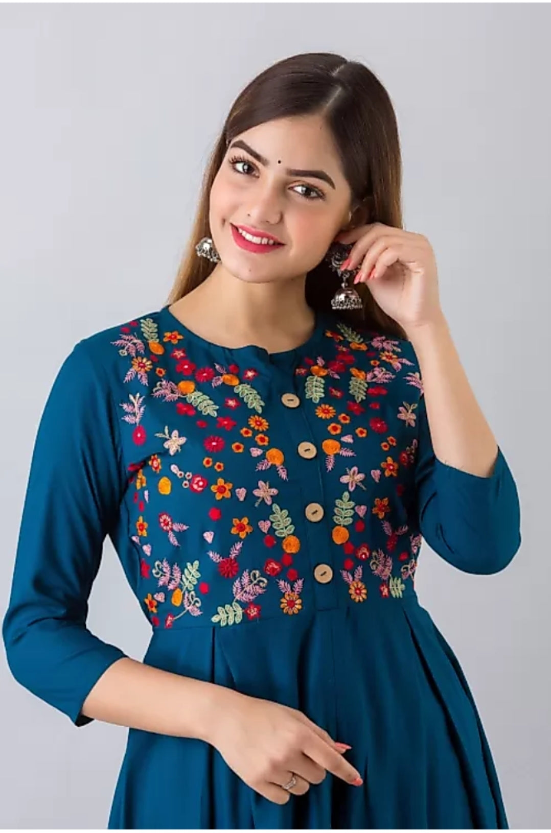 Frontslit Embroidered Kurta (Teal Blue)