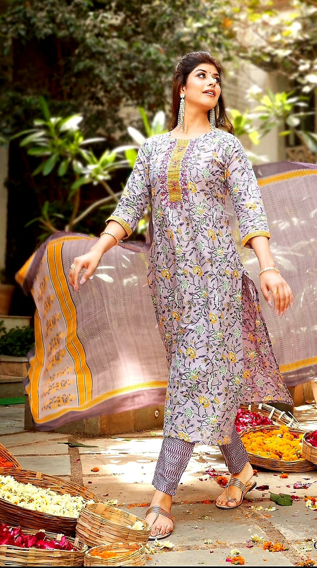Designer 3pcs Kurta Set 100% Cotton