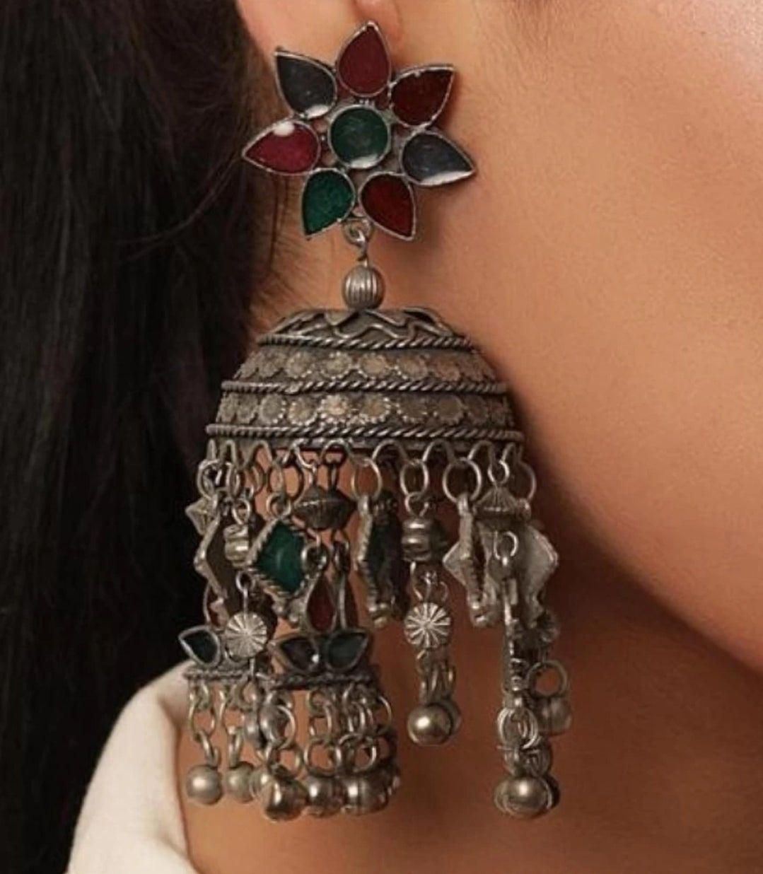 Oxidized German Silver Alloy Drop Earrings Jhumki Set