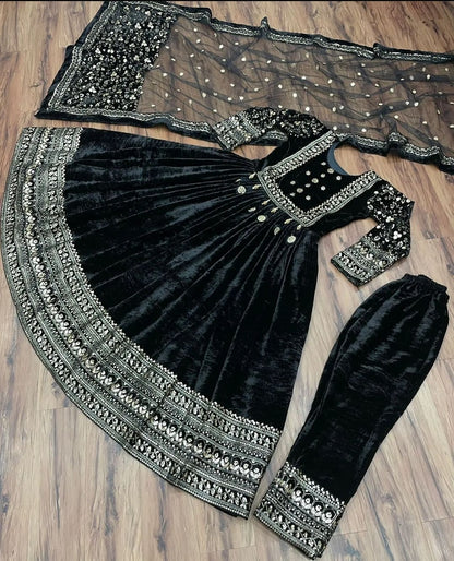 Super Stylish Velvet Gown With Pants & Dupatta