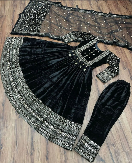 Super Stylish Velvet Gown With Pants & Dupatta
