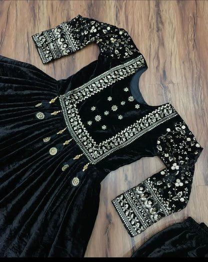 Super Stylish Velvet Gown With Pants & Dupatta