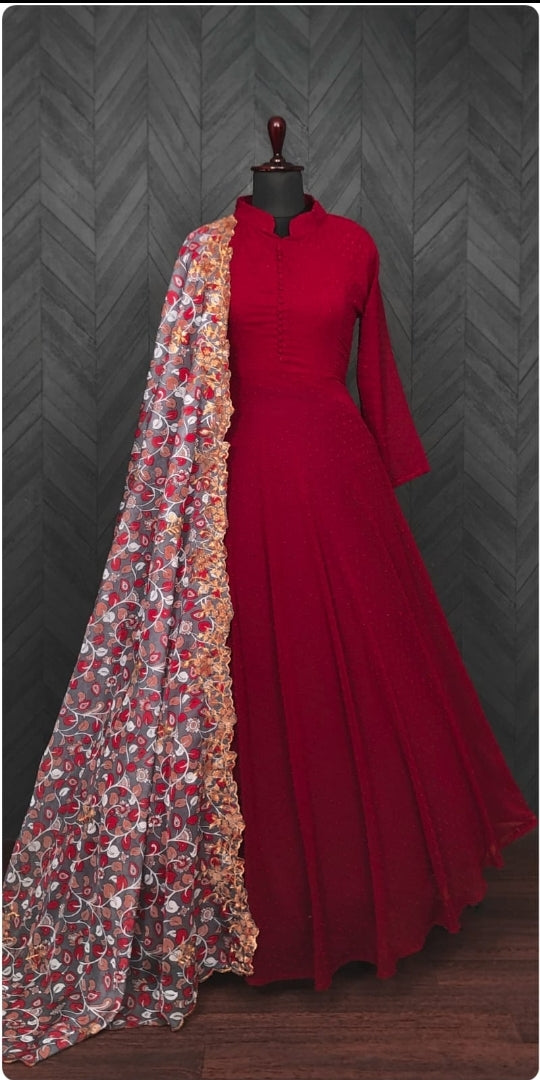 Red Digital Printed Long Anarkali Style Gown