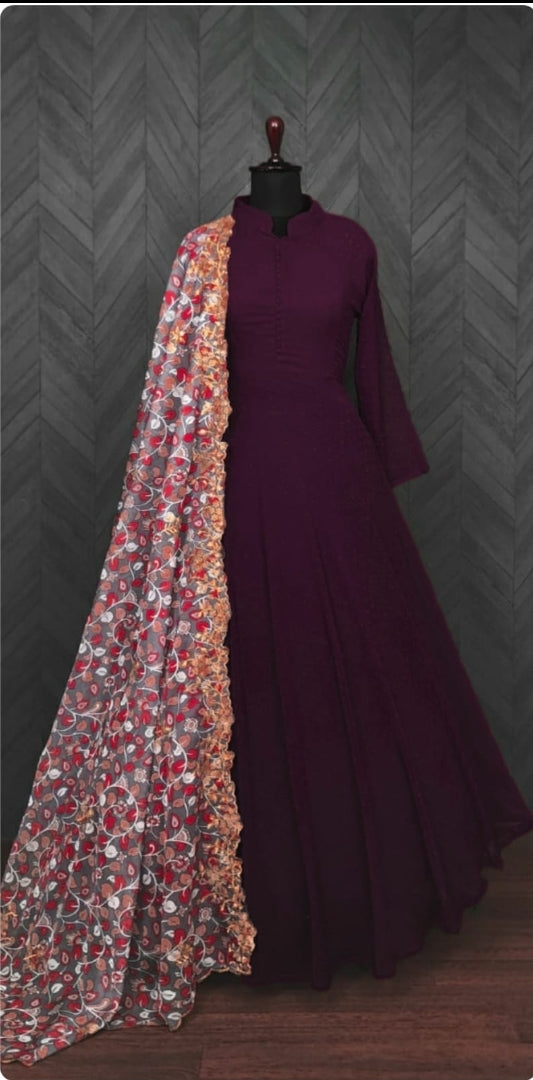 Designer Long Gown With Stylish Printed Dupatta