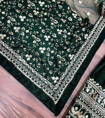 Super Stylish Velvet Gown With Pants & Dupatta